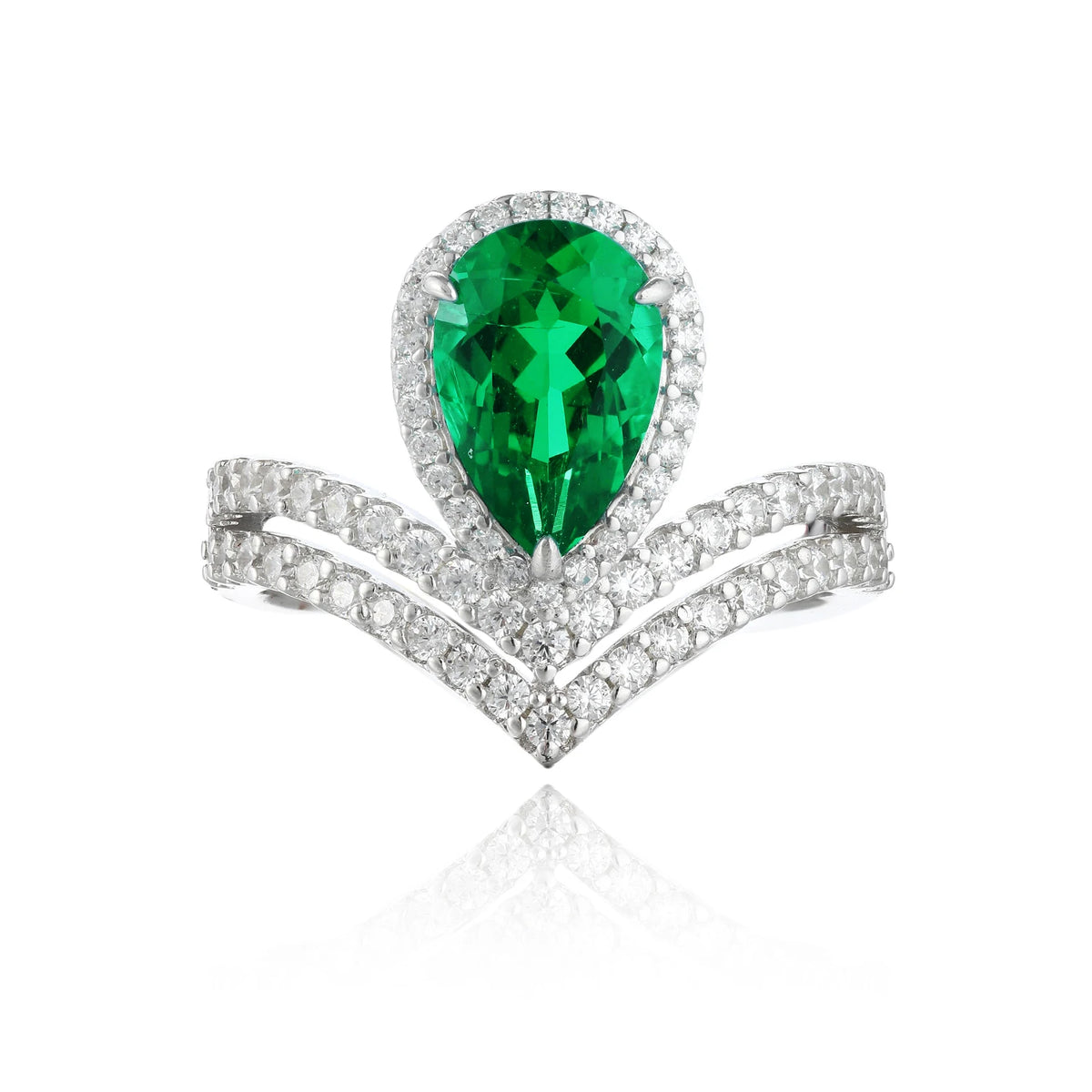 Gemfiori 925 Sterling Silver Pear Cut Lab Grown Emerald Ring Pear Shape Band Women Engagement Wedding Party Fine Jewelry Gift