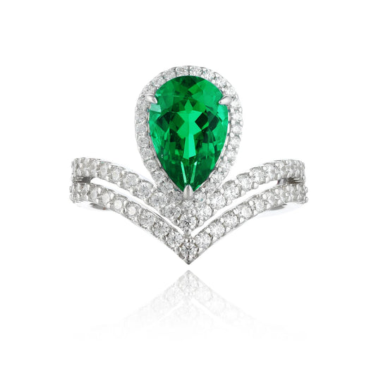 Gemfiori 925 Sterling Silver Pear Cut Lab Grown Emerald Ring Pear Shape Band Women Engagement Wedding Party Fine Jewelry Gift