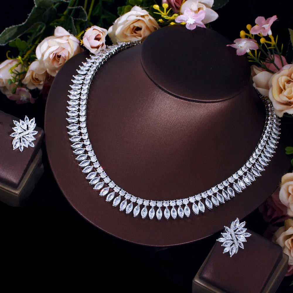 Sparking White Marquise Cut Cubic Zircon Choker Necklace and Earrings Wedding Bridal Super Luxury Jewelry Set for Women