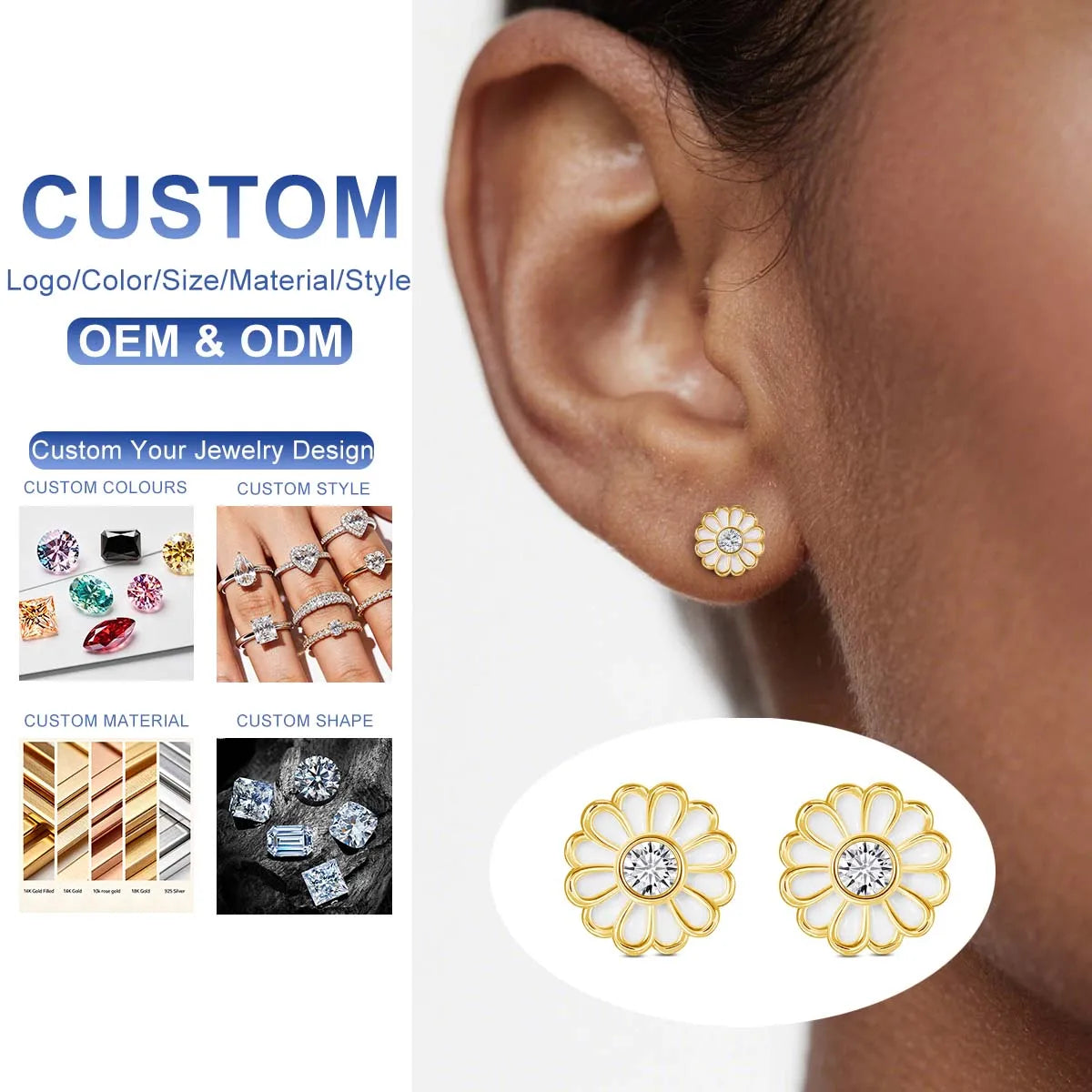 Gioiellieri Gemfiori Fine Jewellery Woman Girl Gift 0.3 Carat Moissanite White Enamel Color Hollow 14K Gold Small Daisy Stud Earrings