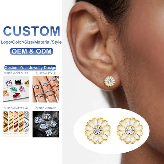 Gemfiori Fine Jewellery Woman Girl Gift 0.3 Carat Moissanite White Enamel Color Hollow 14K Gold Small Daisy Stud Earrings