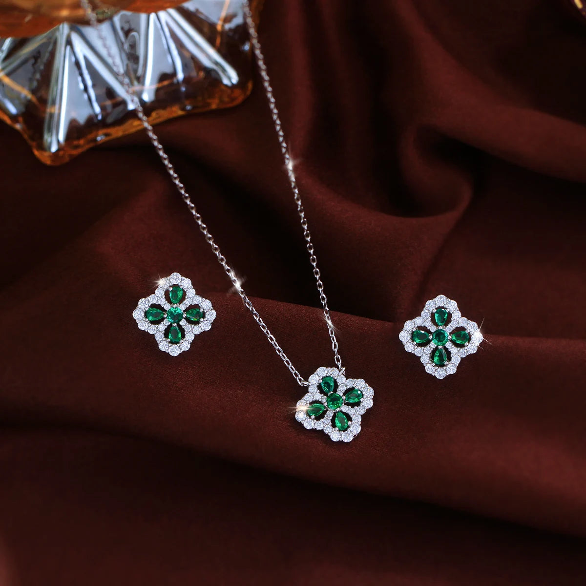 Exquisite S925 Sterling Silver Hypoallergenic Fully Pave Four-Leaf Clover Chain Necklace and Earrings Fine Jewelry Set for Women