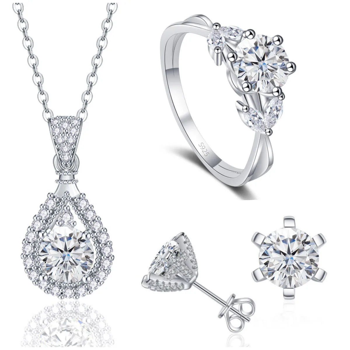 REDheart Fine 925 Sterling Silver Women's Wedding Bridal Jewellery Set Round Cut VVS Colored Moissanite Rings Necklace and Earrings Set