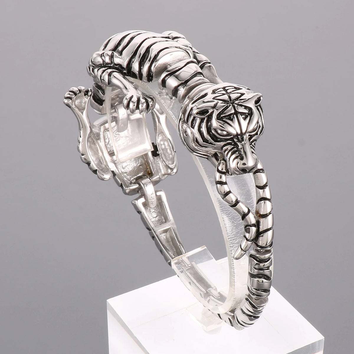 VIKING Mens Punk Tiger, Leopard & Dragon Links Bracelet – Silver Stainless Steel