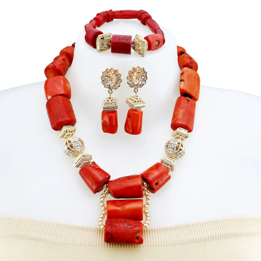 Zhuerrui African Traditional Wedding Jewelry Set Nigerian Bridal Coral Necklace & Earrings Set for Wedding Party YL131