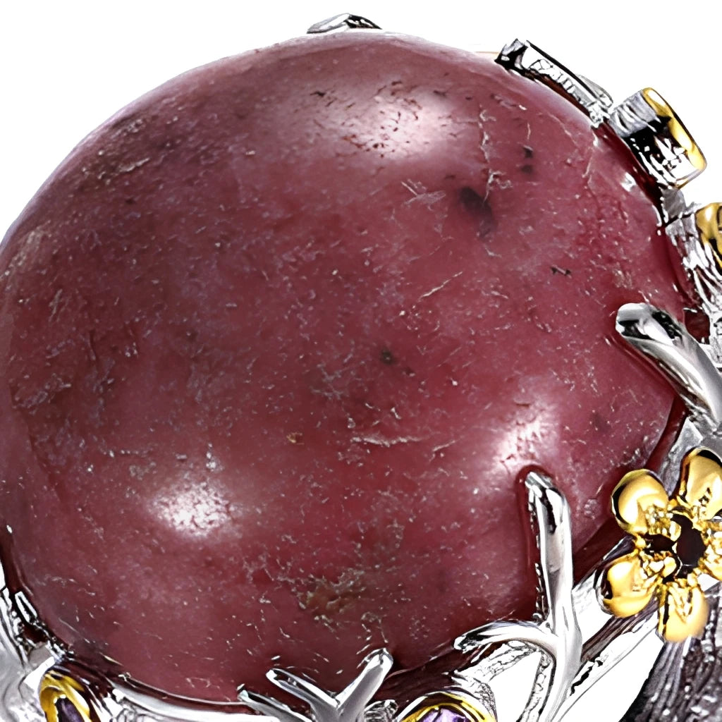 Big Rhodochrosite Stone 925 Sterling Silver Jewelry Ring With White Gold Plated