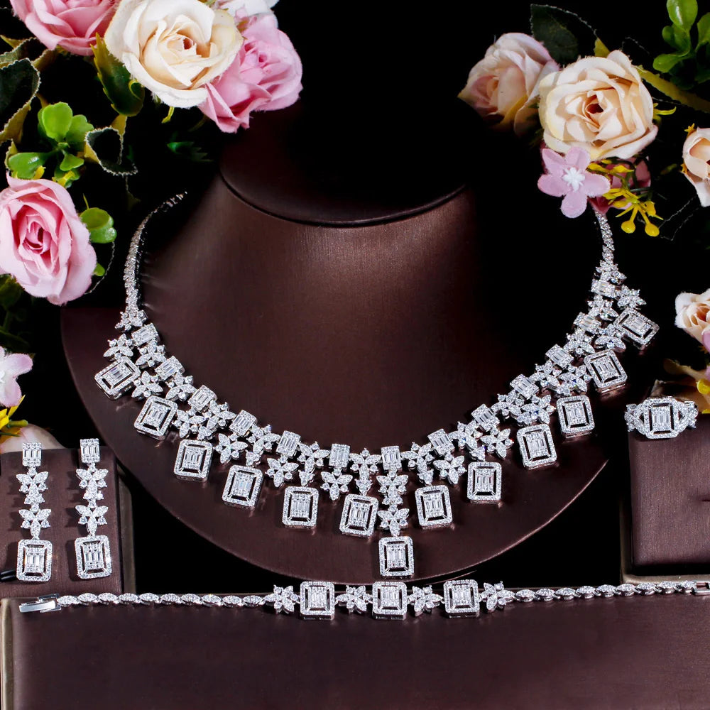 Luxury Saudi Arabia Square Tassel Flower Shaped CZ Jewelry Wedding Drop Earrings Necklace Set for Women Evening Party Accessory