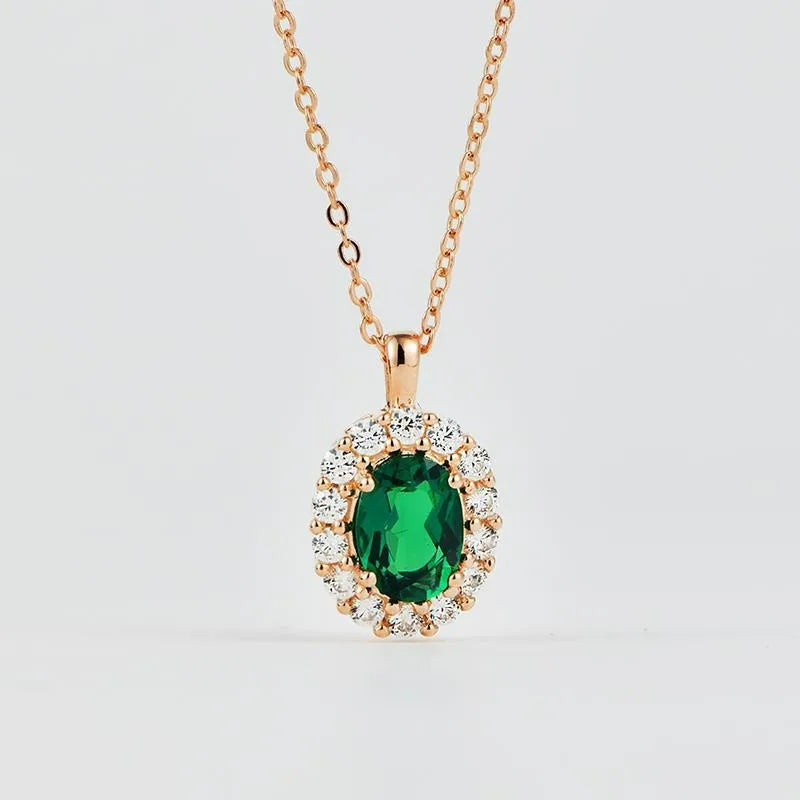 Oval Shape Vintage 925 Sterling Silver 1ct  Lab Grown Emerald Pendant Necklace Lab Grown Diamond Necklace for Gift