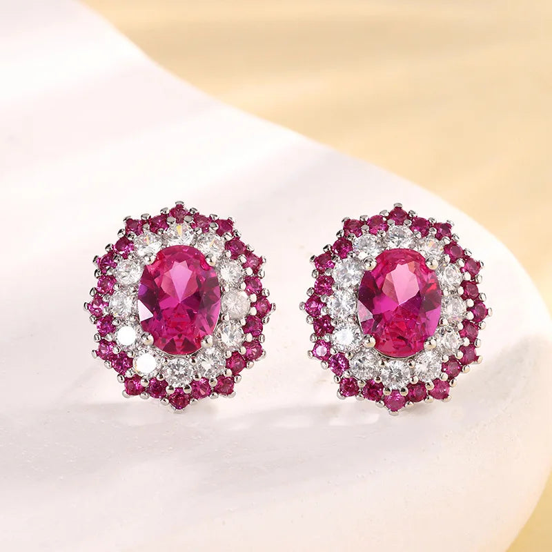 High End Eco-friendly Copper 6*8mm Red Zircon Oval Cut Romantic Bridal Jewelry Set Two Tone Wedding Ring Necklace Earrings Set
