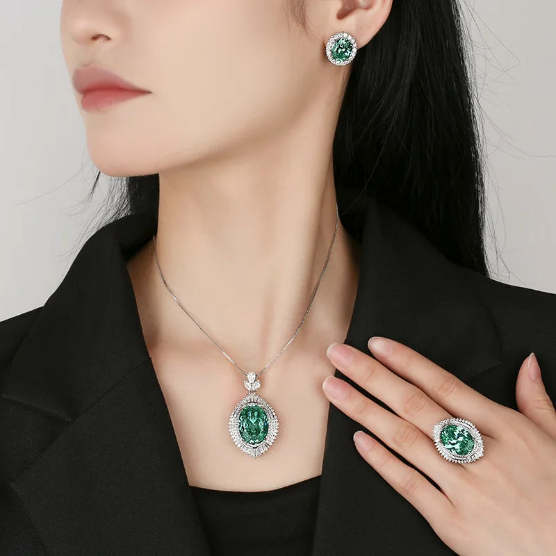 Gemfiori Green Gemstone Engagement Set Necklace Ring Earring Fashionable Oval Bridal Wedding Party Engagement Accessory