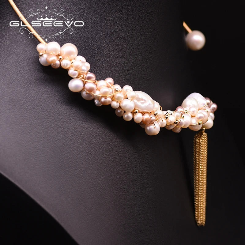 Natural Freshwater Pearl Tassel Choker Necklace for Women  Luxury Handmade Gold Plated Jewelry Custom Necklace
