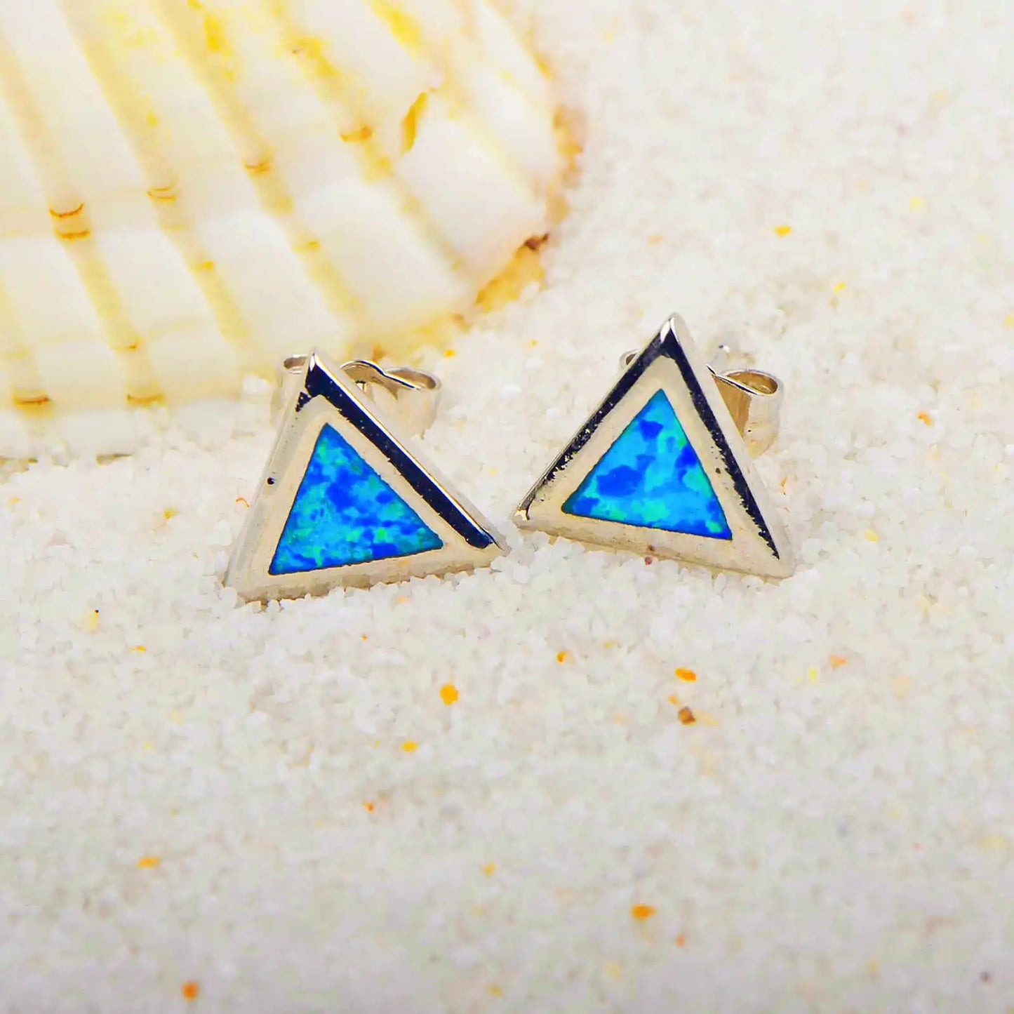 Elegant Hawaiian Opal Studs Sparkling Blue  Triangle Earrings with Iridescent Shine