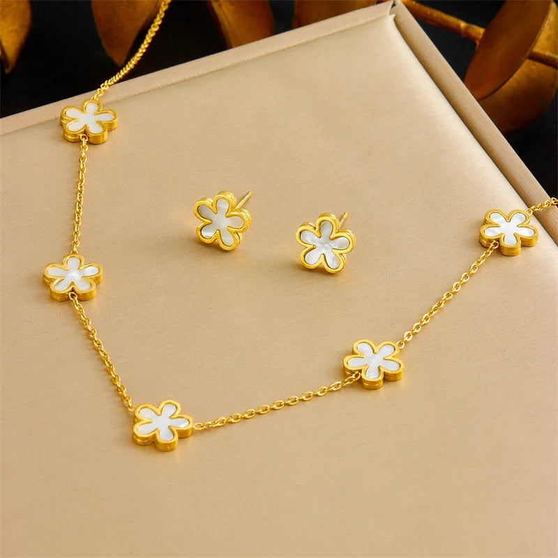 Gold White Flower Necklace, Earrings & Bracelet Jewellery Set | Exquisite Bridal Fashion Set