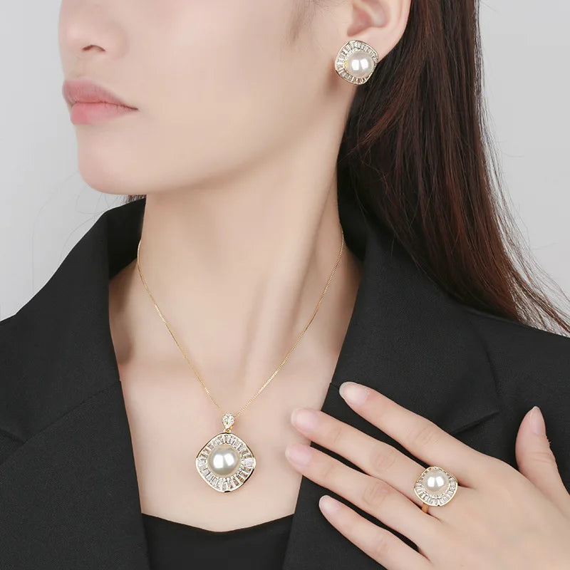 Gemfiori Hot Selling Gold White Pearl square Temperament Women's Copper Base Gold-plated Jewelry Bride Wedding Jewelry Set
