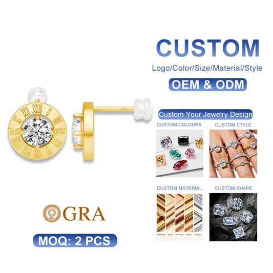 Gioiellieri Quality Jewelry Women's Valentine's Day Gift Hollow 14K Gold 5mm 0.5ct Round Moissanite Classic Roman Numeral Stud Earrings
