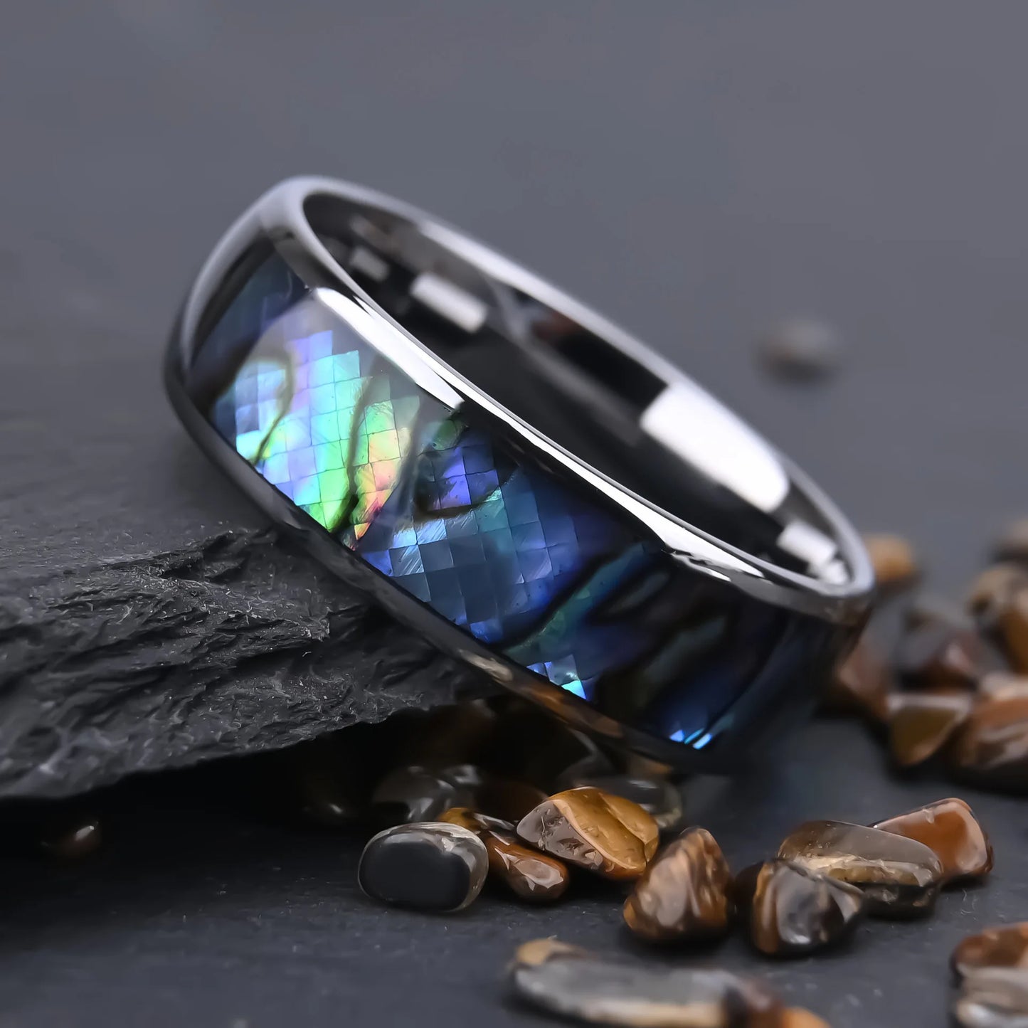 Tungsten Rings for Men 4 6 8 mm Stainless Steel Abalone Shell Eternity Bands Comfort Fit Size 5 to 15