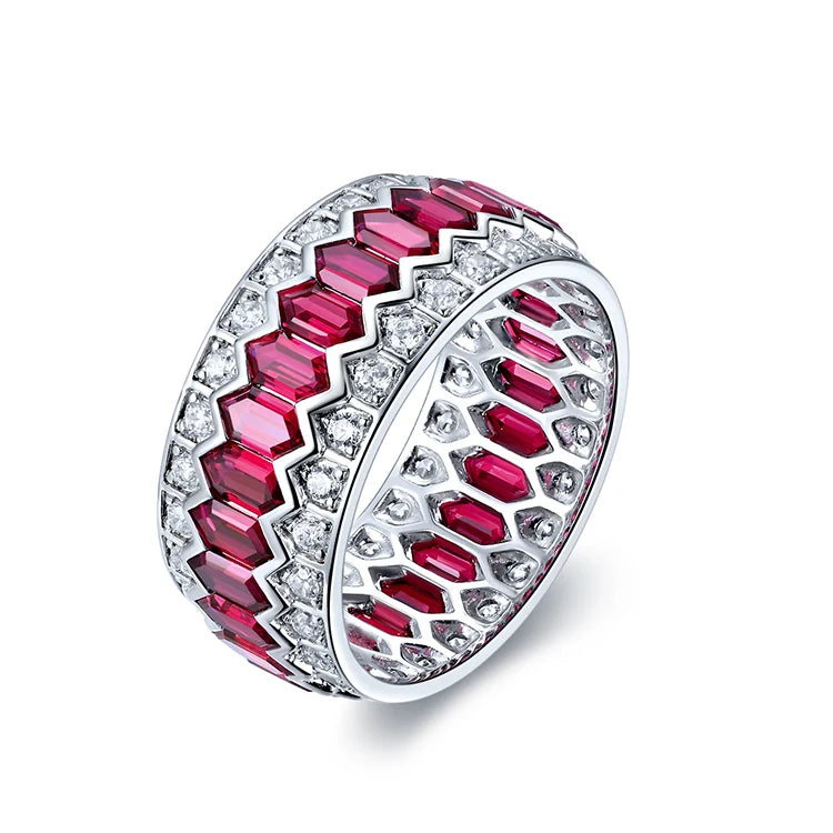 Gemfiori 925 Sterling Silver Jewelry Faux Diamond Eternity Rings Men's Lab Created Rubies Engagement Rings for Women