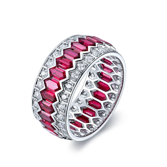 Gemfiori 925 Sterling Silver Jewelry Faux Diamond Eternity Rings Men's Lab Created Rubies Engagement Rings for Women