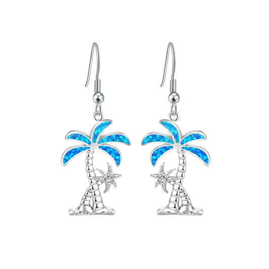 Trendy Silver Plated Brass Tropical Palm Tree Blue Fire Opal Starfish Drop Earrings-Women's Beach Vacation Jewelry Bulk Gifts
