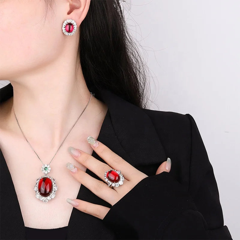 Gemfiori Luxury Pigeon Blood Ruby Jewelry Set Cabochon Cut Red Gem Halo Pendant Necklaces Earrings Rings Timeless Elegant Emerald Wedding