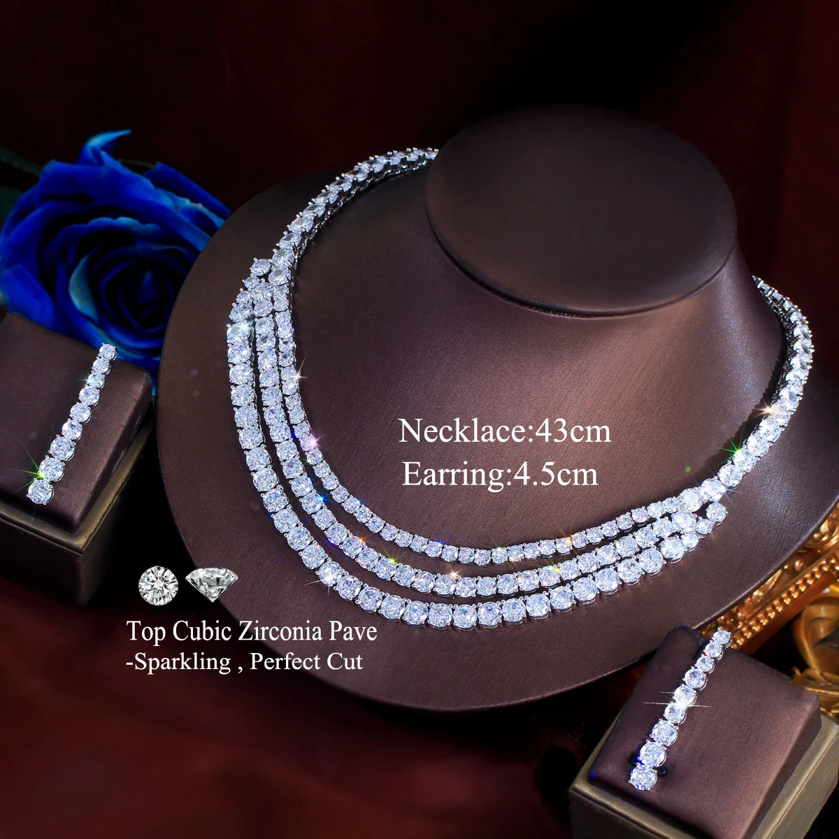 Stunning Round White Cubic Zirconia Tennis Necklace and Earrings Multi Layer Luxury Wedding Bridal Chunky Jewelry Sets for Women