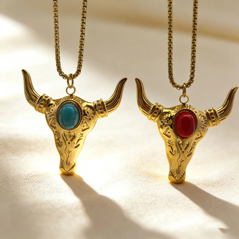 Vintage Retro Trendy Cow Head Stainless Steel Bamboo Chain Necklace Unisex Cowboy Turquoise Pendant Luxury Zodiac Party