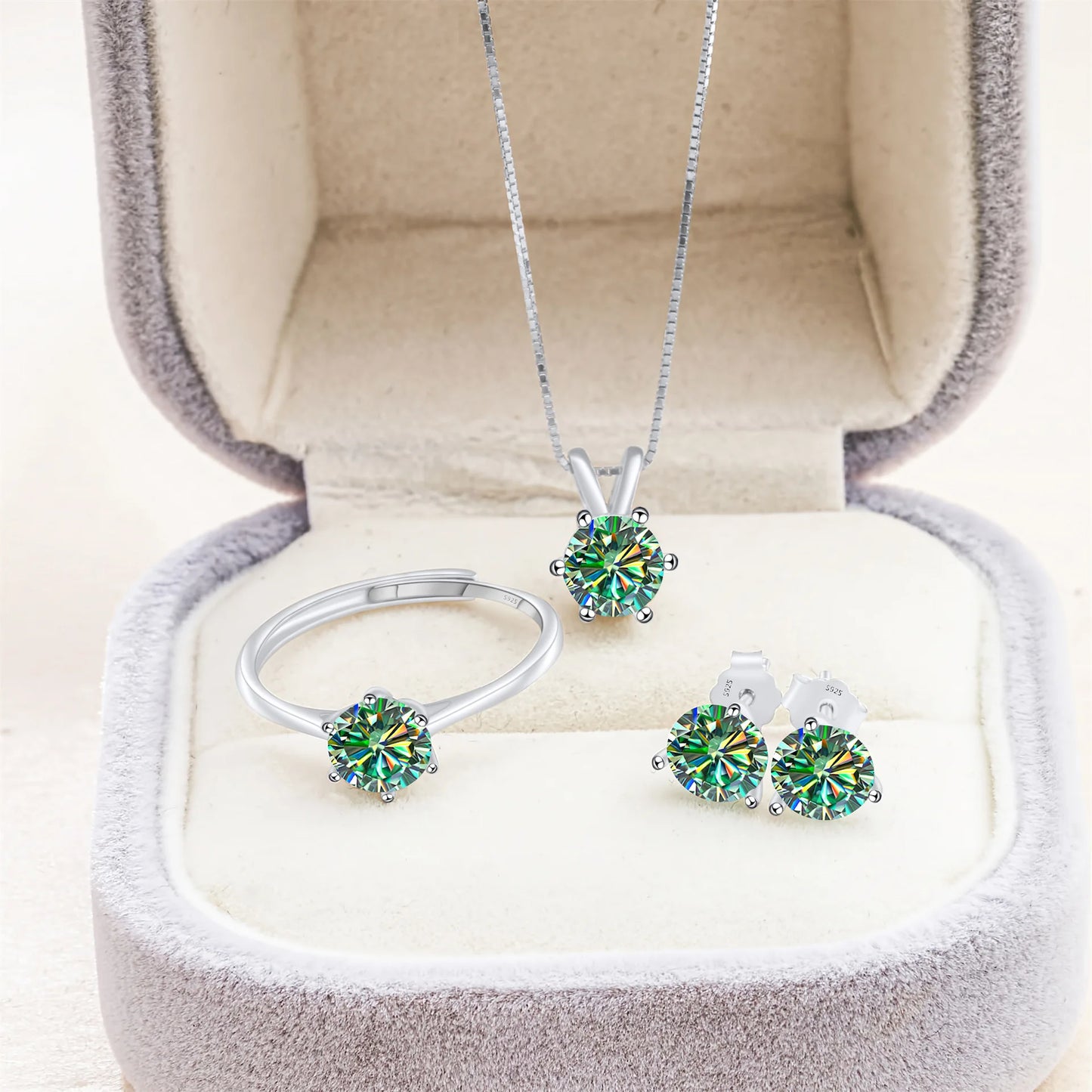 Simple D Color VVS1 GRA 1CT Round Cut Colored Moissanite Jewelry 925 Silver Wedding Ladies Necklace Earrings Ring 3 Piece Sets