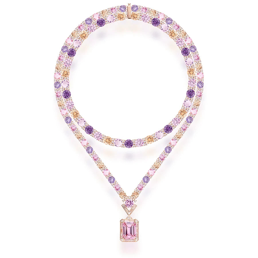 High End Dubai Double-layer pink Necklace and Earring Bracelet Set Fashionable Wedding Jewelry  Zircon Direct Sales Gift