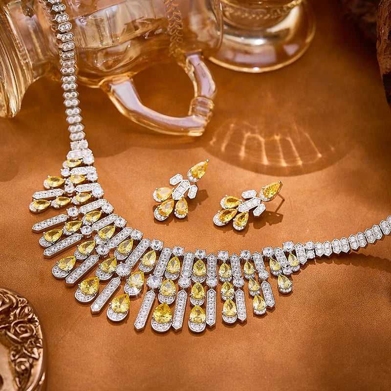 Bridal Luxury Pear Cut Yellow Zirconia Necklace Earrings 2-piece Set High Quality Brass Jewelry Anniversary Gift