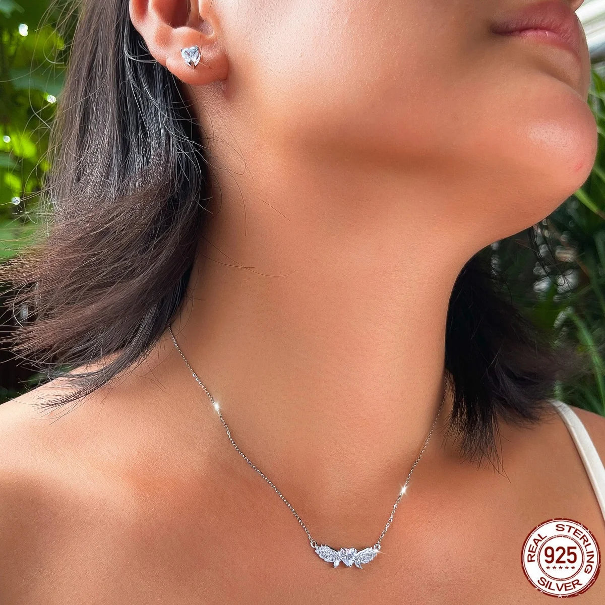 S&S Heart & Feather CZ Pendant & Earrings Set – 925 Sterling Silver – Rhodium Plated – Collection