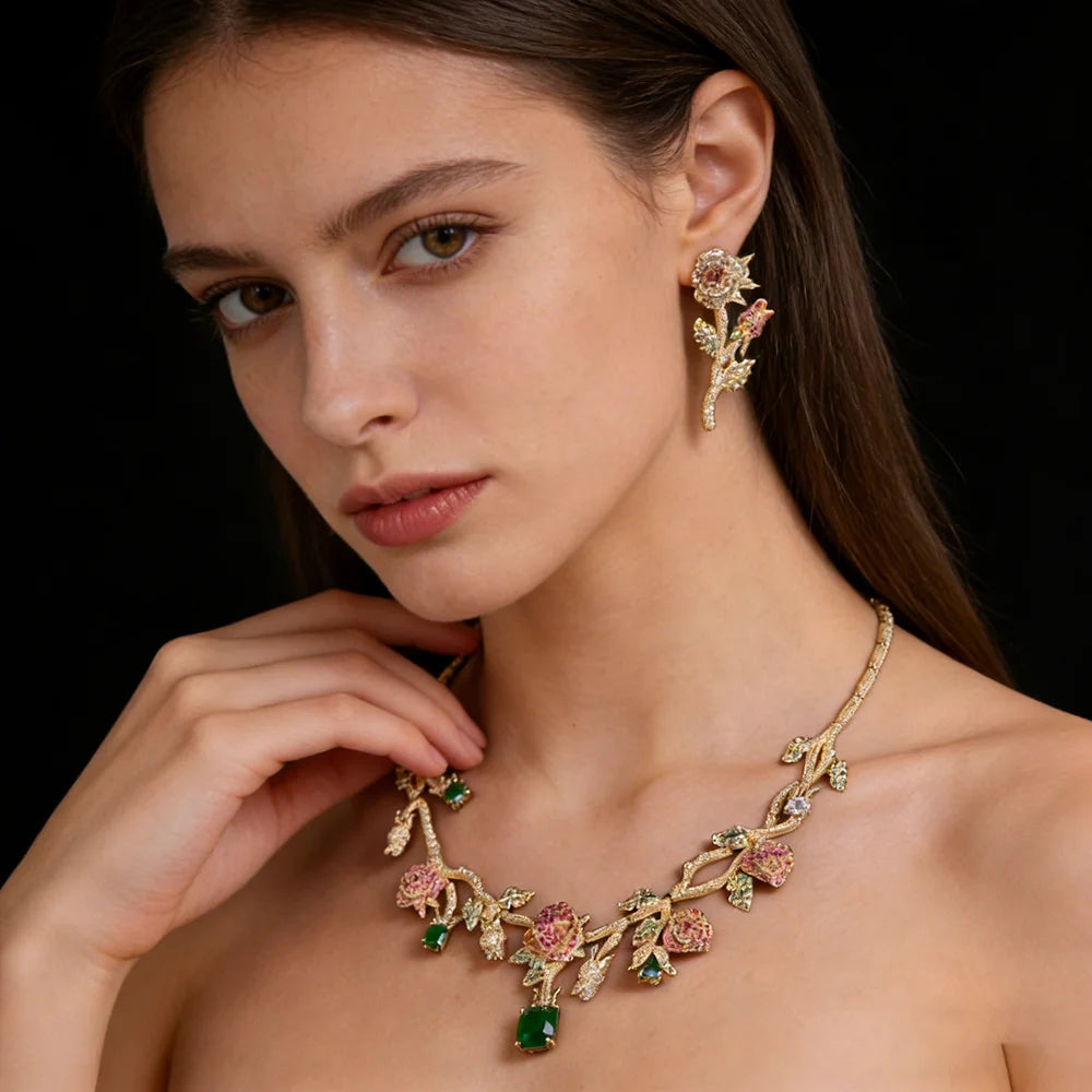 XM S226 Platinum Plated Princess Cut Zircon Rose Flower Statement Necklace & Drop Earrings Bridal Set