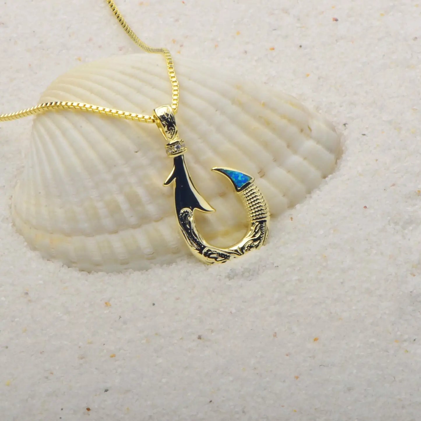 Hawaiian Ocean Opal Copper Necklace for Women-Trendy Dainty Blue Fishhook Pendant Sweater Chain