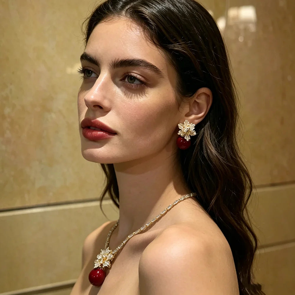 XM S418 Gold Plated Snowflake Crystal & Red Round Pearl Pendant Necklace & Drop Earrings Set