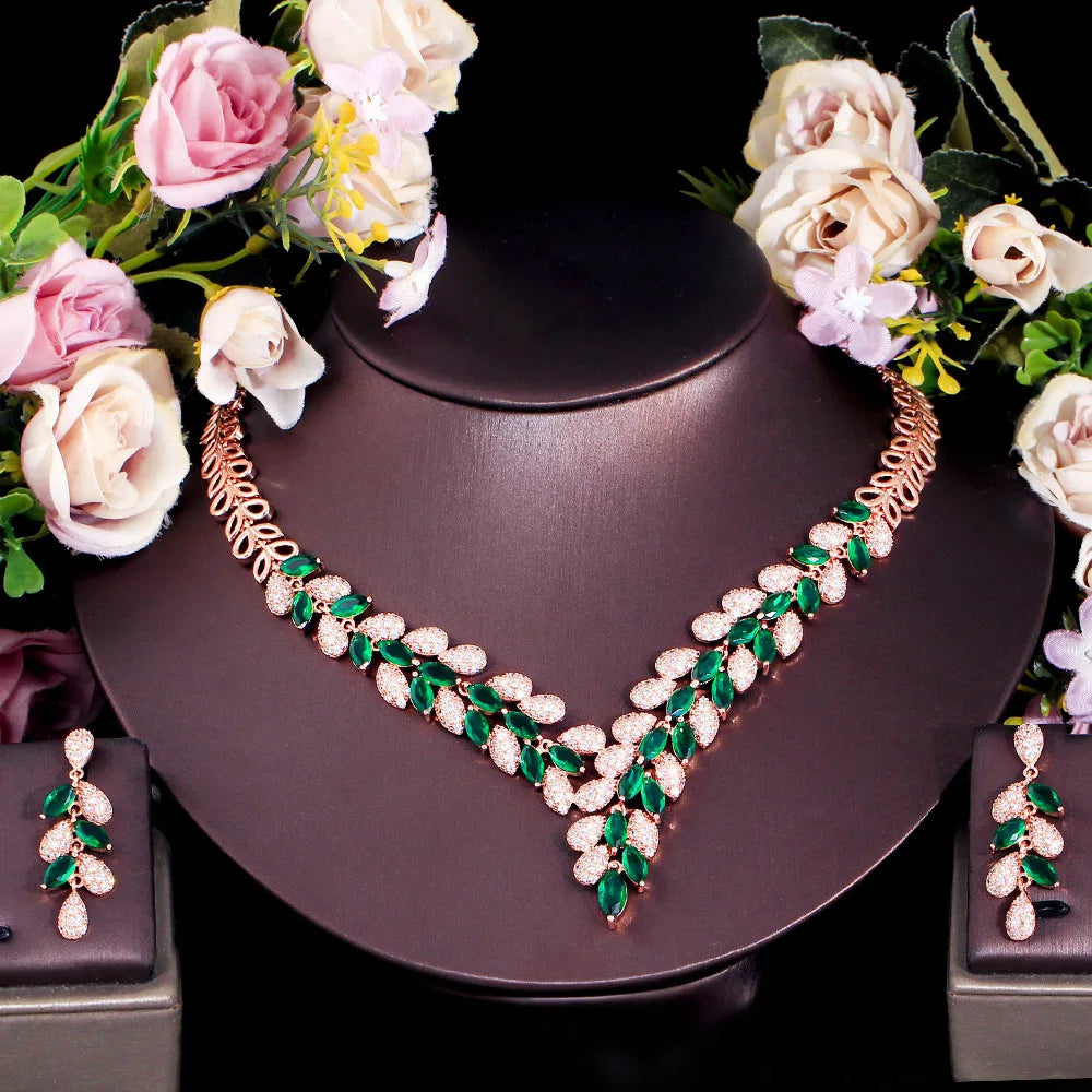 Premium Cubic Zircon Necklace Earring Luxury Leaf Design Dubai Gold Color Jewelry Set for Women Engagement Party Accessories