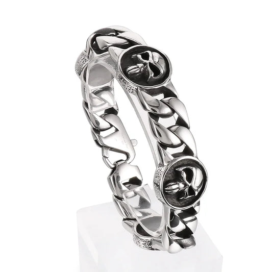 KALEN 230mm Men Punk Stainless Steel Skull Charms Cuban Links Bracelet
