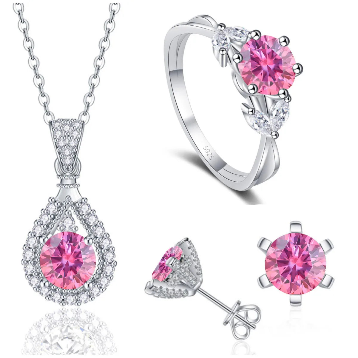 REDheart Fine 925 Sterling Silver Women's Wedding Bridal Jewellery Set Round Cut VVS Colored Moissanite Rings Necklace and Earrings Set