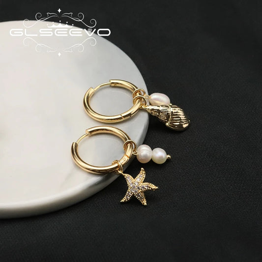 Starfish Sea Snail Natural Fresh Water Pearl Dissymmetry Earring for Woman Original Unique Western Fashion Party Jewelry