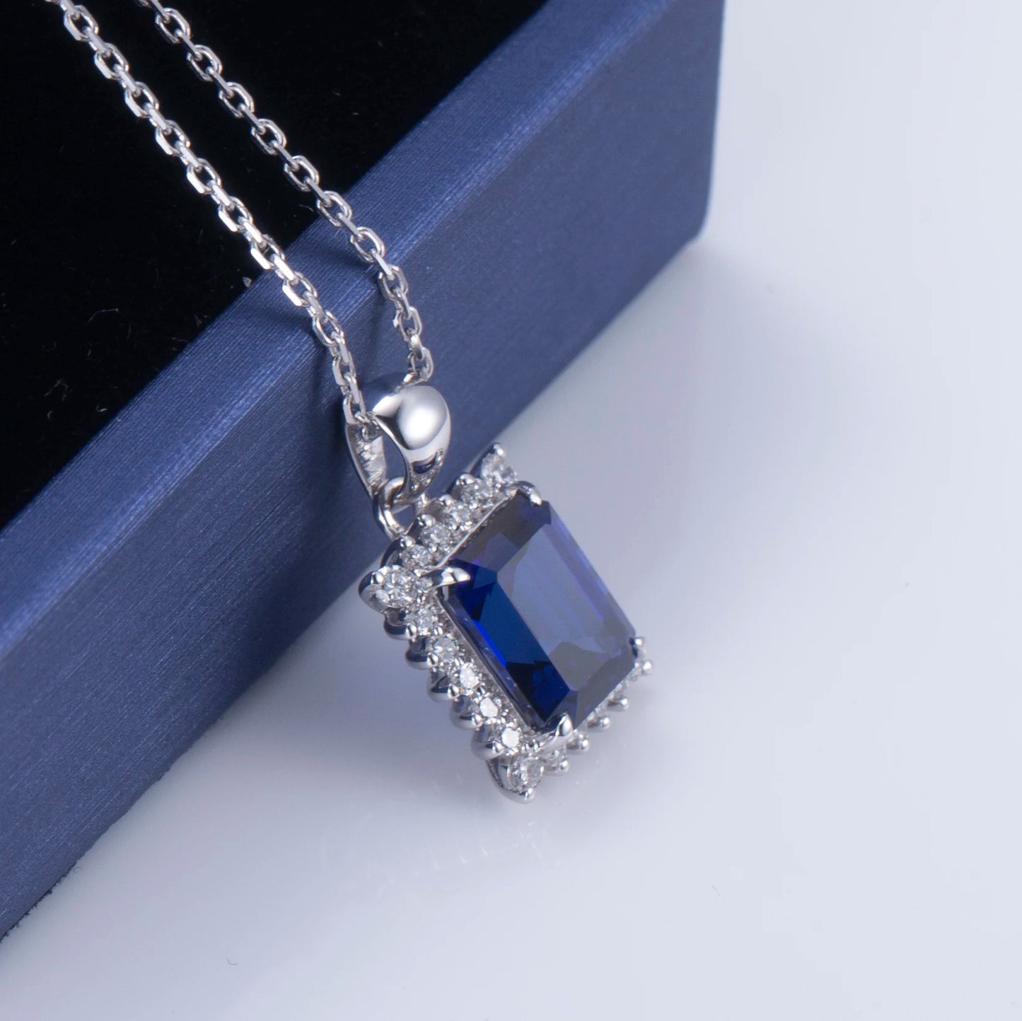 Messi Jewelry  18k White Gold Emerald Cut Royal Blue Lab Grown Sapphire Pendant Necklace