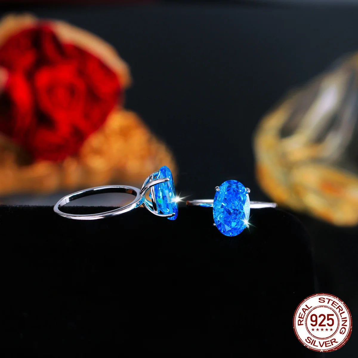 S&S 925 Sterling Silver Blue Oval-Cut CZ Cocktail Ring – Rhodium Plated – Collection