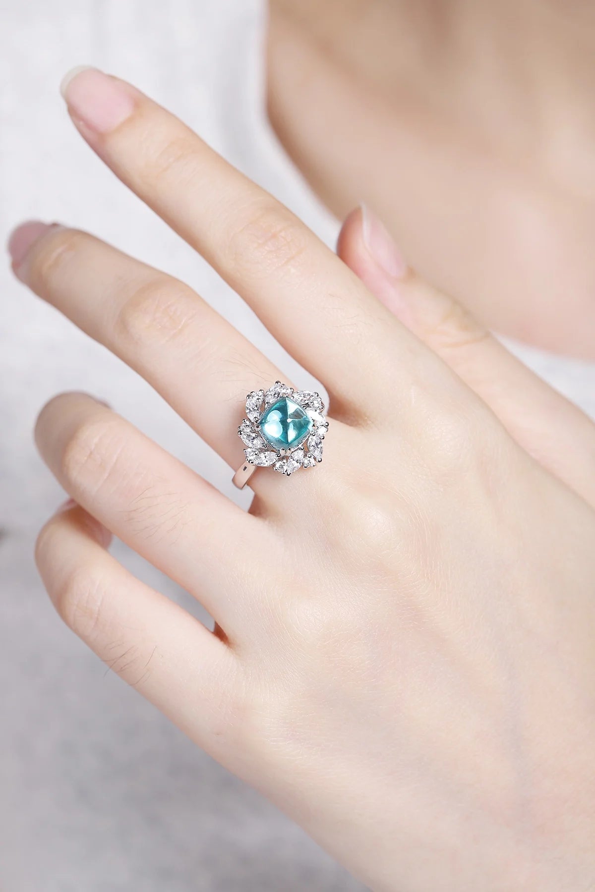 Gemfiori Anster 925silver Sugar Loaf Cutting Lab Grown Paraiba and Moissanite Ring for Women Customized Service Rings Acceptable