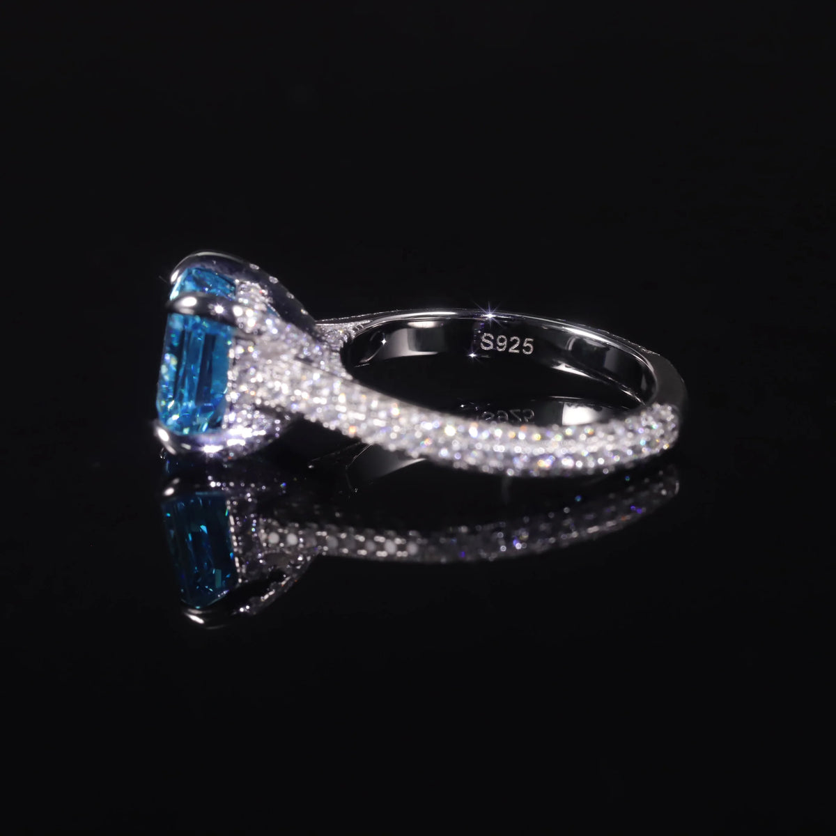ArtistA AR053 Abiding Luxury Custom Cushion Shape 9x9MM Ice Cut Diamond-fire CZ Aqua Blue Cubic Zirconia Engagement Half Eternity Ring