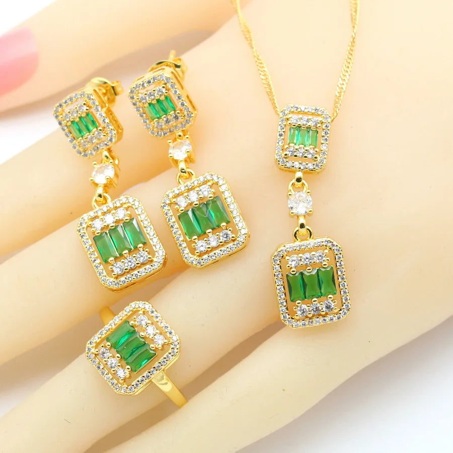 XOTICA 18K Gold Plated Green Zirconia Jewellery Set for Women Includes Earrings Ring Pendent Necklace for Weddings and Parties