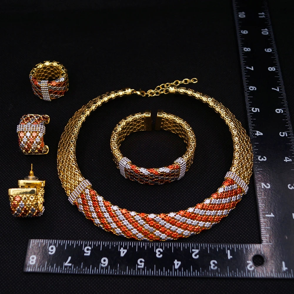 Colorful Italian Jewelry Set Brazilian Gold Plated Brass Jewelry Sets Wedding Party Necklace Bracelet Earrings Ring Jewellery