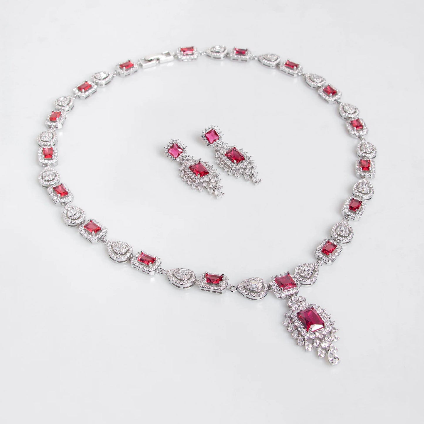 Luxury Princess-Cut Zirconia Rectangle Necklace & Earrings Bridal Set — Rhodium Plated