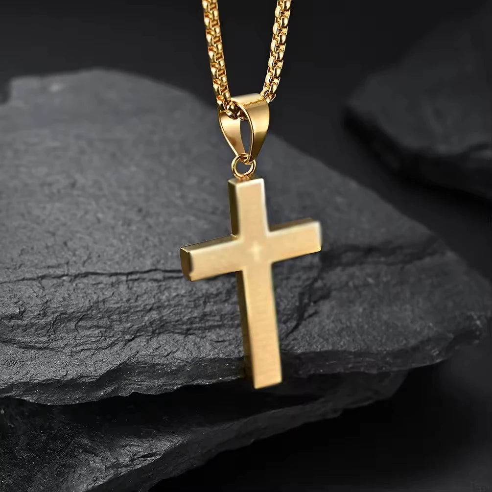 REBEL Simple Men's Stainless Steel Cross Pendant Chain Necklace for Men Fashion Jewelry