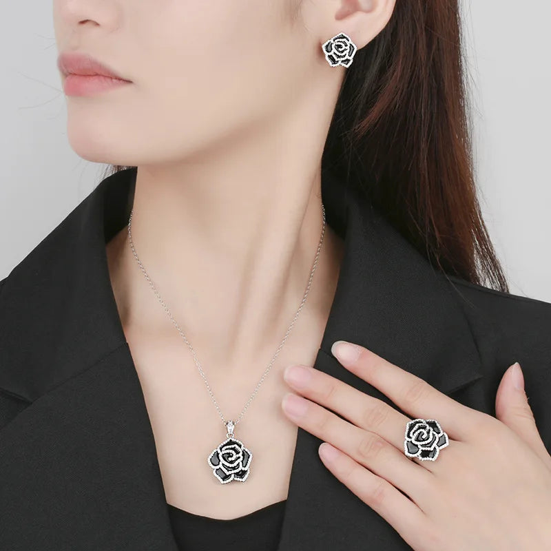 Gemfiori Black Rose Earrings with a High-end Feel Light Luxury Pendant French Retro Temperament Niche Design Ring Jewelry Set