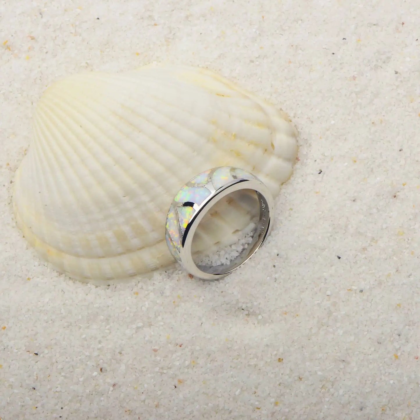 Iridescent Opal Geometric Ring | Sleek Silver Fashion Band