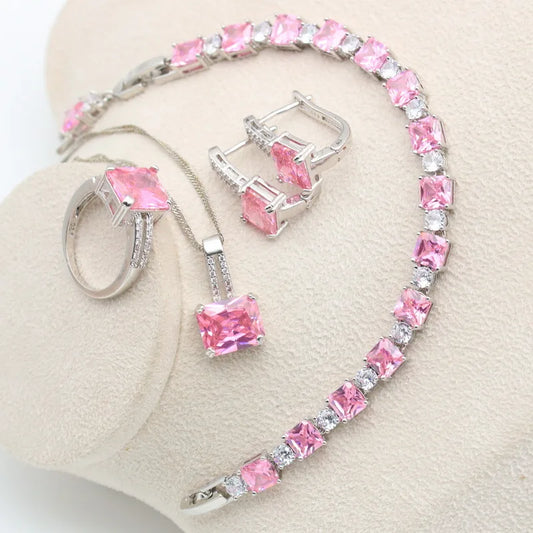 925 Sterling Silver Women's Jewelry Set Zircon Bracelet Hoop Earrings Necklace Pendant Ring for Wedding Engagement Party