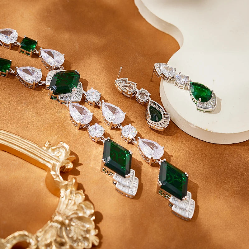 Elegant Women's Brass V-Shaped Necklace Earrings Simple Green Zircon Gemstone Sweater Chain Fashionable Weddings Parties Gifts