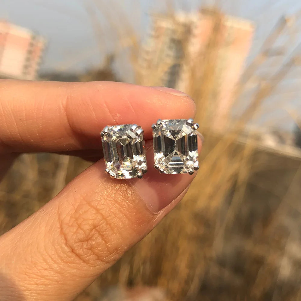 Silverelli | 925 Silver 4ct Pagoda Cut High Carbon Diamond Stud Earrings | 8×10mm | White G | Platinum Plated